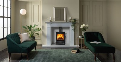 Chesterfield 5 woodburning Ecodesign stove. Shown with Claremont Antique White Marble mantel